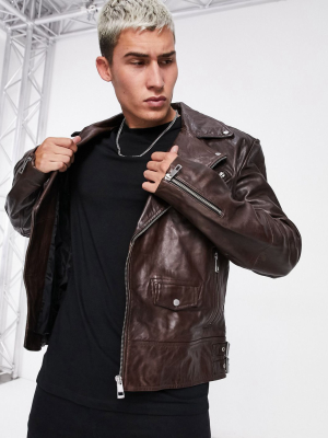 Asos Design Leather Biker Jacket In Brown