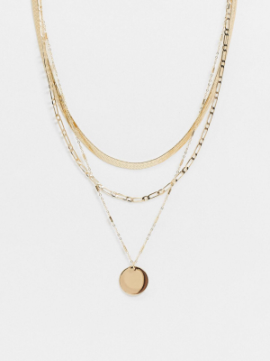 Asos Design Multirow Necklace With Mixed Chain And Disc Pendant In Gold Tone