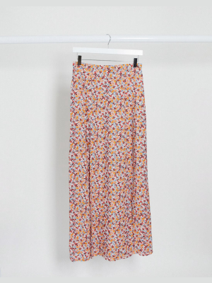 Asos Design Double Split Maxi Skirt In Pink Ditsy Floral Print