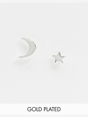 Pieces 18k Silver-plate Moon And Star Stud Earrings