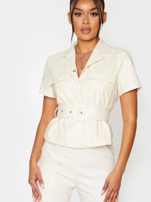 Cream Faux Leather Belted Short Sleeve Shirt