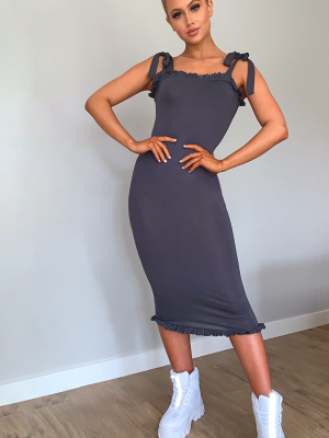 Charcoal Tie Shoulder Frill Midi Dress