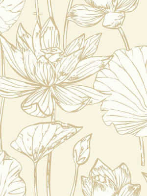 Lotus Floral Peel-and-stick Wallpaper In Gold And Cream By Nextwall