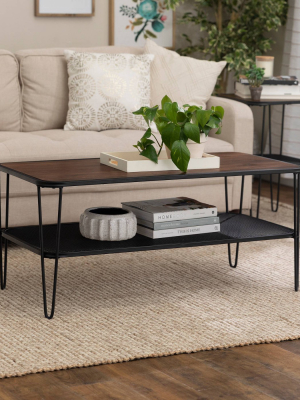 Industrial Hairpin Leg Coffee Table With Metal Mesh Shelf - Saracina Home