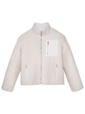 Curly Shearling Zip Jacket With Fabric Patch Pocket