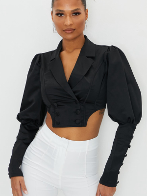 Black Satin Button Detail Square Hem Cropped Shirt