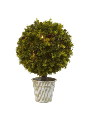 Topiary Pine Ball With Led Lights In Iron Pot (23") - Nearly Natural