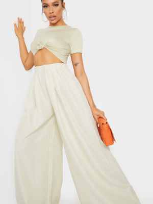 Khaki Linen Detail Print Wide Leg Pants