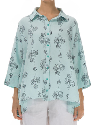 Loose Aqua Breeze Roses Linen Shirt