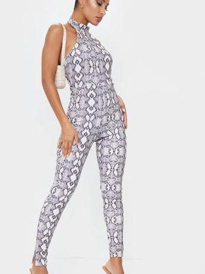 Stone Snake Print High Neck Split Hem Jumpsuit