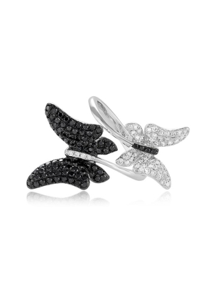 Effy Nature 14k White Gold Black And White Diamond Butterfly Ring, 1.15 Tcw