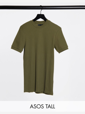 Asos Design Tall Muscle Fit Waffle T-shirt In Washed Khaki