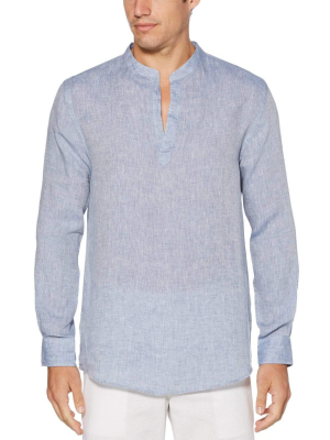 Banded Collar Solid Linen Popover Shirt