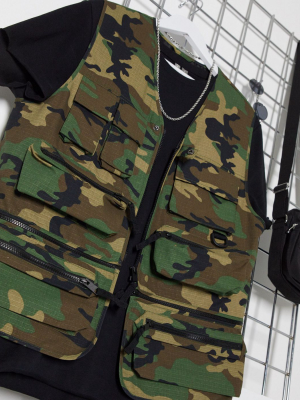 Asos Design Vest With Zip Off Section In Camo Print