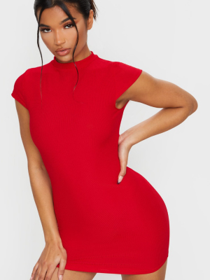 Red High Neck Ribbed Bodycon Dress