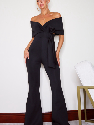 Black Bardot Flared Leg Scuba Jumpsuit