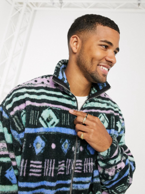 Asos Design Festival Oversized Track Jacket In Geo-tribal Super Soft Fleece