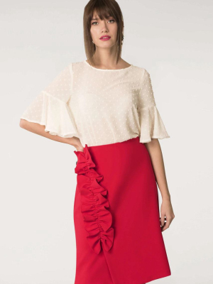 Red Asymmetric Frill Sheath Skirt