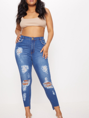 Plus Dark Blue Ripped Detail Step Hem Skinny Jeans