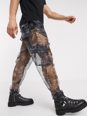 Asos Design Tapered Sheer Cargo Sweatpants In Abstract Print