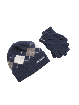 Kids' Argyle Knit Hat & Gloves Set - Navy