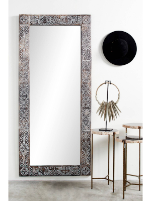 32" X 71" Large Rectangular Wooden Wall Mirror With Hand Carved Eclectic Design And Whitewash Finish - Olivia & May