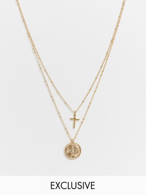 Designb London Exclusive Multirow Necklace With Coin And Cross Pendant In Gold