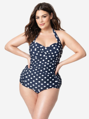 Unique Vintage Plus Size Navy & White Polka Dot Corinne Sheath Swimsuit