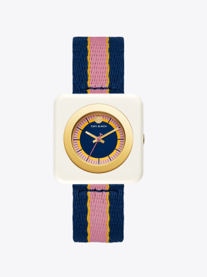 Izzie Watch, Striped Grosgrain/white, 36 X 36 Mm