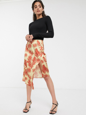 Glamorous Asymmetric Midi Skirt With Frogging In Palm Print