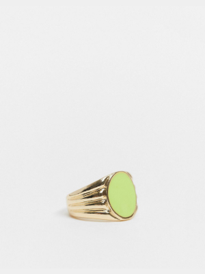 Asos Design Pinky Ring With Green Enamel In Gold Tone