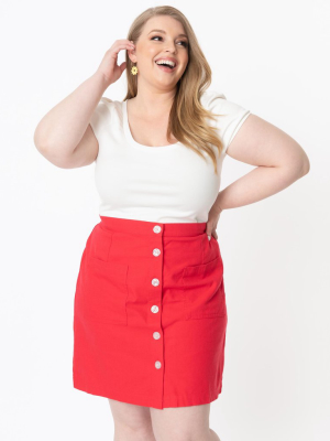 Plus Size Red Button Front Mini Skirt