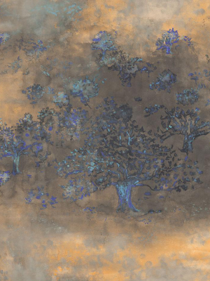 Japanese Tree Wallpaper In Gold, Purple, And Blue From The Transition Collection By Mayflower