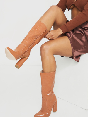 Tan Croc Point Toe Round Heel High Calf Boot