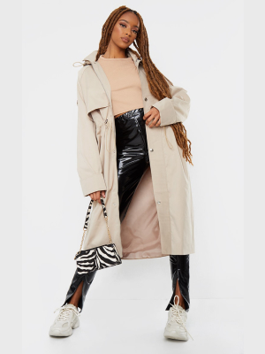 Camel Hooded Zip Through Elastic Waist Mac