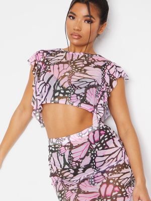 Pink Butterfly Print Mesh Frill Sleeve Crop Top