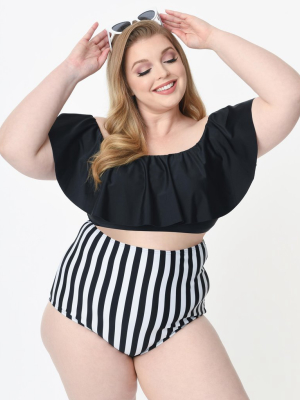 Unique Vintage Plus Size Black & White Stripe High Waist Louise Swim Bottoms