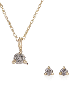 Solid Gold Hope And Magic Necklace & Tiny Earrings Grey Diamond Gift Set