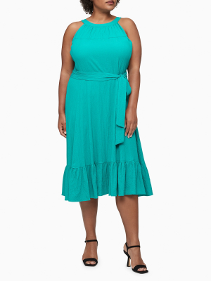 Plus Size Halter Neck Belted Ruffle Hem Dress