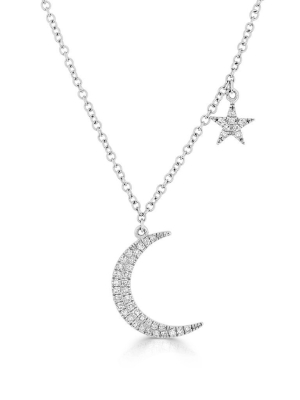 14kt White Gold Diamond Mini Moon And Star Necklace