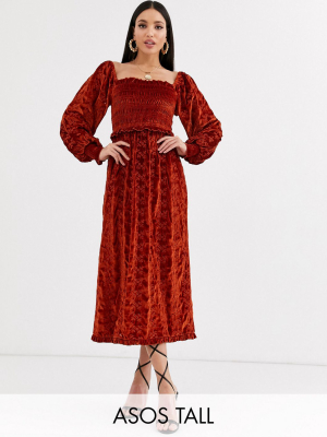 Asos Design Tall Velvet Broderie Shirred Midi Dress In Rust