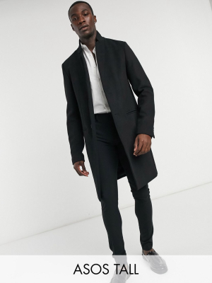 Asos Design Tall Wool Mix Overcoat With Inverted Lapel In Black