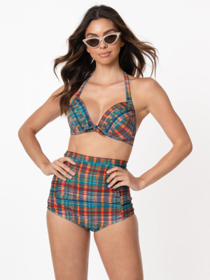 Unique Vintage Madras Plaid Monroe High Waist Swim Bottom