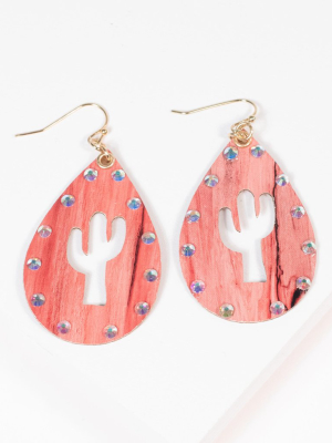 Red Cactus & Rhinestone Teardrop Earrings