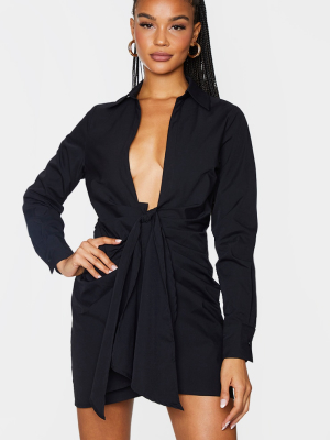 Black Plunge Drape Detail Ruched Shirt Dress