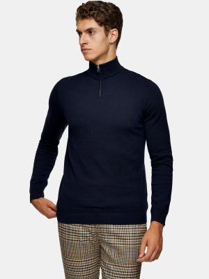 Considered Navy Zip Roll Neck Knitted Sweater