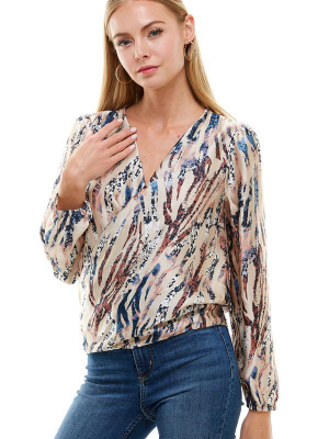 Animal Printed Long Sleeve Surplice Tie Blouse Top