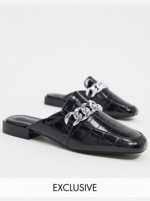 Z_code_z Exclusive Trace Vegan Blackless Mules With Chunky Chain In Black Croc