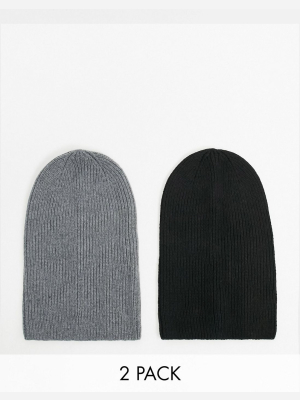 Asos Design 2 Pack Slouchy Beanie In Grey And Black Save