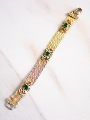 Vintage Gold Mesh Bracelet With Green Rhinestones